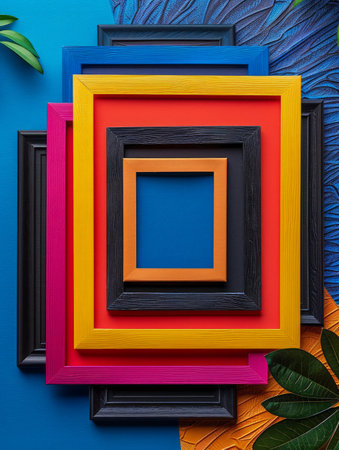Vibrant Picture Frames of Various Sizes and Colors on Artistic Background with Leaves and Patterns AI Generativeの素材