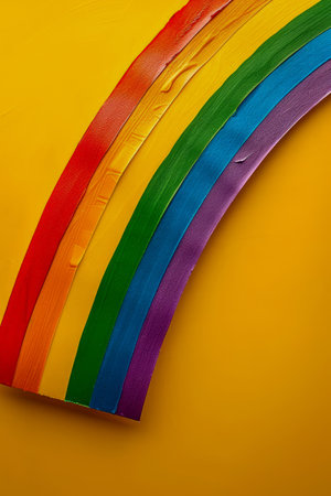 Vibrant Color Spectrum Curves in Rainbow on Yellow Background Red, Orange, Yellow, Green, Blue, and Purple Arcs Creating a Beautiful Colorful Pattern AI Generativeの素材