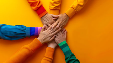 Vibrant Teamwork Hands United in Collaboration on Bright Orange Background Reflecting Unity, Friendship, Support, Community, and Team Spirit as a Symbol of Togetherness and Bonding for Group Success AI Generativeの素材