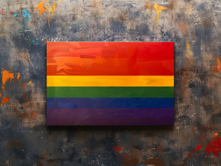 Vibrant Rainbow Pride Flag on Artistic Textured Abstract Canvas Background Representing LGBTQ Pride, Diversity, and Inclusion AI Generativeの素材