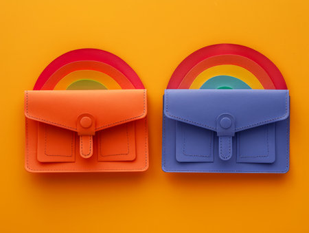 Vibrant Multicolored Bags with Rainbow Design on Bright Background Strikingly Colorful and Stylish Accessories for Unique Fashion Statements Perfect for Trendy and Modern Back to School Students AI Generativeの素材