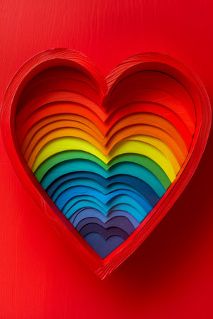 Multicolored Heart Against Rich Red Background Symbolizing Unity, Love, Diversity, and Pride with Vibrant Rainbow Colors AI Generativeの素材
