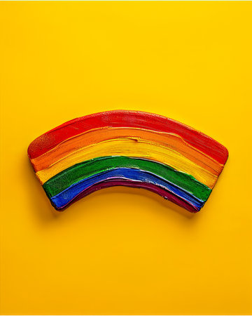Vivid and Colorful Rainbow Painted on Yellow Background Symbolizing Joy, Diversity, and Optimism Through Creative Expression and Art in a Minimalistic Style AI Generativeの素材