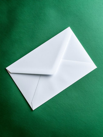 High Resolution Image of a Single White Envelope on a Green Background Perfect for Business Communication, Invitations, Letters, Office Supplies, Stationery, and Mailing Needs AI Generativeの素材