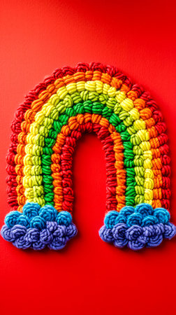 Colorful Handcrafted Yarn Rainbow on Vibrant Red Background Showcasing Artistic Fiber Craftsmanship with Detailed Blue Cloud Accents for Bright and Cheerful Decor AI Generativeの素材