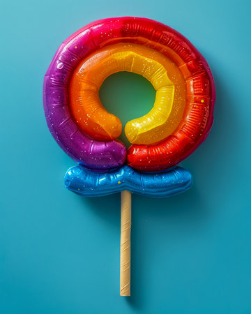 Vibrant Rainbow Lollipop Against Blue Background Bright, Colorful Candy Pop Sweet Treat, Confectionery, Dessert Photograph Fun, Playful, Multicolored, Circular Candy on a Stick AI Generativeの素材