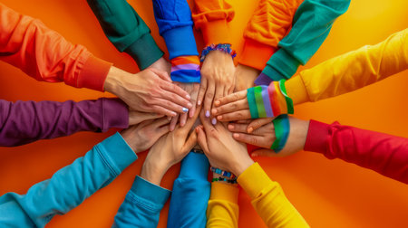 Vibrant Teamwork and Diversity Close Up of Multiple Hands in Colorful Sleeves Joined Together as Symbol of Unity, Collaboration, and Support on Bright Orange Background AI Generativeの素材