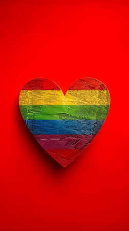 Vibrant Rainbow Heart on Bold Red Background Symbol of Love, Diversity, Inclusion, and LGBTQ Pride AI Generativeの素材