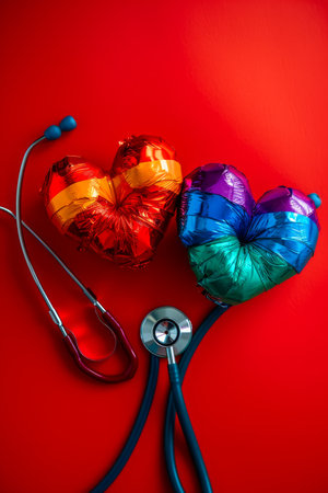Vibrant Colorful Hearts with Stethoscope on Red Background Celebrating Healthcare and Love AI Generativeの素材