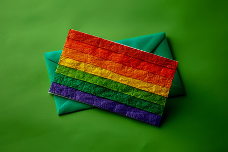 Vibrant Rainbow Flag Over Green Background Encompassing Diversity, Inclusion, and LGBTQ Pride Celebrations Representing Equality, Solidarity, Unity in the LGBTQ Community AI Generativeの素材