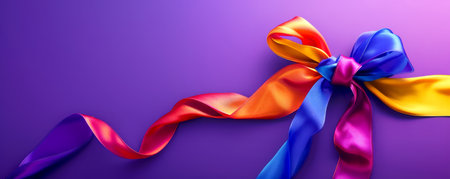 Vibrant Rainbow Ribbon with Elegant Bow on Purple Background Colorful Decorative Tie Displayed in an Artistic Setting Bright and Festive Ornamental Ribbon for Celebrations and Crafts AI Generativeの素材