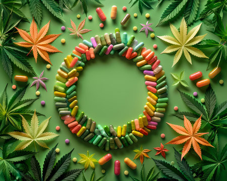 Vibrant Cannabis Leaves and Capsules Circle on Green Background Health, Wellness, and Natural Remedies Concept AI Generativeの素材