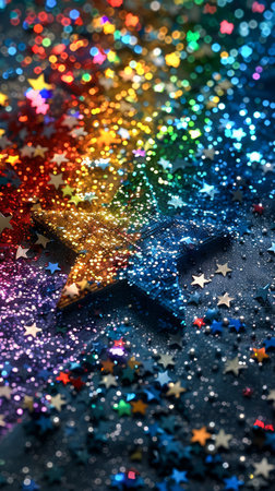 Vibrant Rainbow Glitter Background with Shimmering Stars for Festive Celebrations and Dazzling Holiday Themes AI Generativeの素材