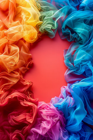 Vibrant Rainbow Colored Fabric Swirls Forming Heart Shape on Bright Red Background Creative and Colorful Abstract Art Design Photography AI Generativeの素材