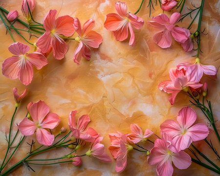 Vibrant Pink Flowers Arranged in a Heart Shape on a Marbled Orange Background Floral Composition and Nature Inspired Art AI Generativeの素材
