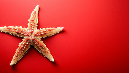 Vibrant Close Up of a Starfish on a Bright Red Background, Marine Life, Ocean Creatures, Coastal Decor, Nature Photography, Underwater Close Ups, Marine Biology Examined, Aquatic Life Artwork AI Generativeの素材