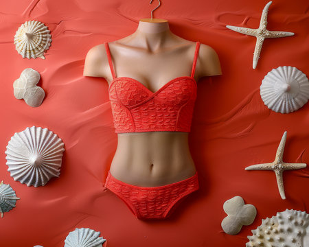 Elegant Red Lace Lingerie Set Displayed on Mannequin with Seashell and Starfish Decorations for Beach Summer Theme AI Generativeの素材