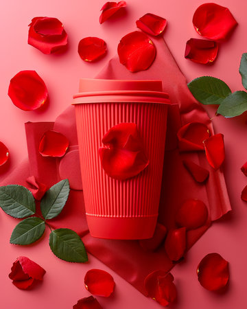 Elegant Red Coffee Cup Surrounded by Rose Petals and Leaves on a Vibrant Red Background AI Generativeの素材