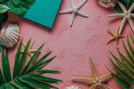 Tropical Beach Paradise Theme with Seashells and Starfish on Pink Background Surrounded by Palm Leaves Coastal Summer Vacation Concept, Relaxation, and Sun Kissed Atmosphere AI Generativeの素材