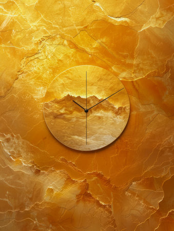 Radiant Golden Wall Clock Against Marbled Golden Background Elegance and Sophistication in Home Decor AI Generativeの素材