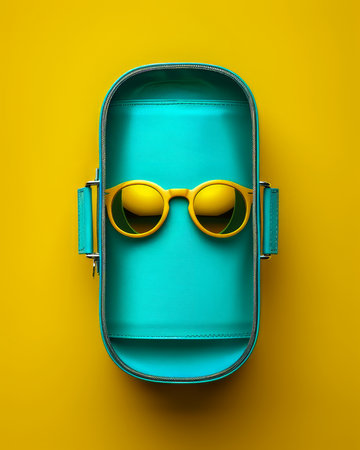 Vibrant Blue Open Case with Yellow Sunglasses Bright Yellow Background Creates a Bold and Eye catching Contrast Creative Minimalist Travel and Fashion Concept Stylish and Modern Aesthetic AI Generativeの素材
