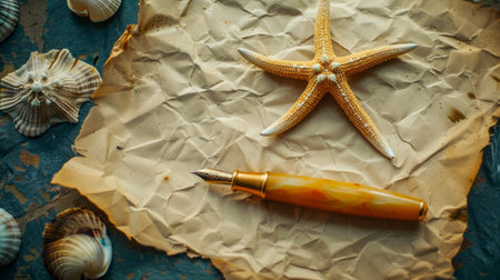 Vintage Pen and Starfish on Aged Paper with Seashells A Coastal Inspired Still Life Composition Evoking Artistic and Marine Themes AI Generativeの素材