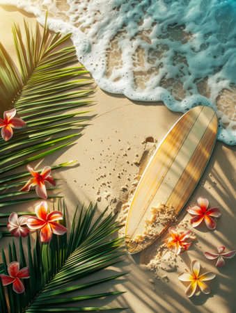Tropical Beach Scene with Surfboard, Ocean Waves, Palm Leaves, and Plumeria Flowers Perfect Summer Vacation and Relaxation Destination Idyllic Seaside Paradise with Nature and Adventure AI Generativeの素材