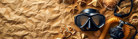 Underwater Scuba Diving Equipment on Crumpled Paper Background with Coral, Seashells, and Starfish Arranged Neatly AI Generativeの素材