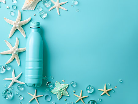 Eco Friendly Summer Beach Background with Plastic Bottle, Starfish, Seashells, and Blue Water Drops on Turquoise Surface AI Generativeの素材