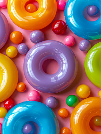 Eye catching, Colorful Donut shaped Bath Toys and Balls on Vibrant Background, Perfect for Sensory Play and Educational Activities for Kids of All Ages, Creating a Fun and Engaging Play Environment AI Generativeの素材