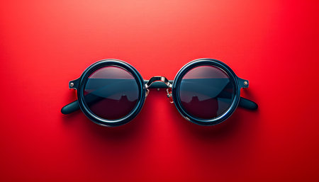 Stylish Round Sunglasses on Vibrant Red Background Fashionable Eye wear for Summer, Unisex Sunglasses, Cool Retro Look, Classic Vintage Circle Glasses, Trendy Accessories for All Seasons AI Generativeの素材