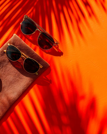 Stylish Sunglasses and Towel On Vibrant Orange Background with Palm Tree Shadows Perfect Summer Accessories AI Generativeの素材