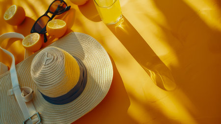 Summer Vibes with Sunglasses, Straw Hat, Lemon Slices, and Refreshing Lemonade on Vibrant Yellow Background Capturing Sunny Days and Relaxation AI Generativeの素材