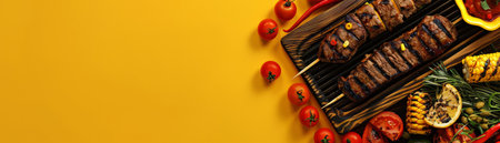 Grilled Skewers and Fresh Vegetables on Yellow Background Perfect for BBQ, Grilling, and Summer Food Enthusiasts AI Generativeの素材