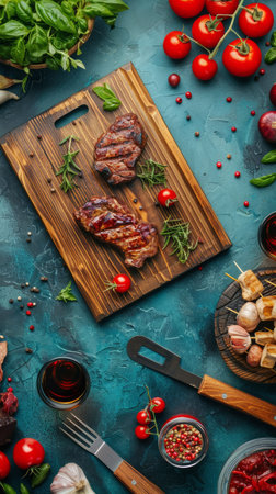 Mouthwatering Grilled Steaks with Fresh Herbs and Vegetables on Rustic Wooden Board with Wine and Seasoning Ingredients, Captured from Above for Culinary Inspiration AI Generativeの素材
