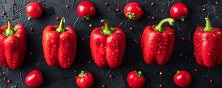 Fresh Red Bell Peppers and Cherry Tomatoes on Black Table, Vibrant and Healthy Vegetables, High Quality Food Photography, Healthy Eating Concept, Creative Culinary Background with Fresh Produce AI Generativeの素材