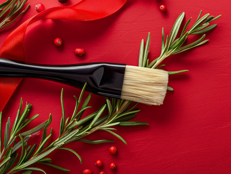 Perfect Holiday Season Red Background with Paint Brush, Red Berries, Greenery, and Festive Ribbon Ideal for Christmas Decorations, Creative Arts, and Seasonal Greetings AI Generativeの素材