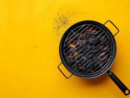 Charcoal Grill with Glowing Coals on Vibrant Yellow Background Top View of BBQ Grill with Charcoal Ready for Grilling High Resolution Image for Outdoor Cooking and Grilling Concepts AI Generativeの素材
