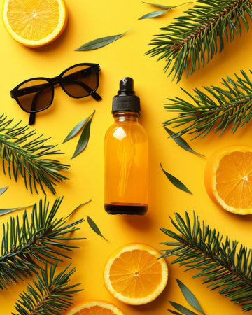Pine Essential Oil with Fresh Orange Slices and Pine Branches on a Vibrant Yellow Background AI Generativeの素材