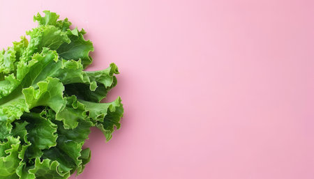 Fresh Green Lettuce on Pink Background Healthy Salad Ingredient Perfect for Fresh, Nutritious Cooking and Vegetarian Cuisine, Vibrant Organic Leafy Vegetable for Healthy Eating and Diets AI Generativeの素材