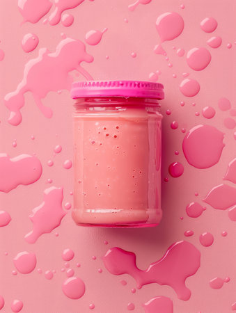 Bright Pink Jar of Smoothie on Splattered Pastel Pink Background Bold Colorful Beverage Image, Fresh Fruit Smooth Drink, Vibrant Healthy Nutrition Art, Refreshing Beverage Aesthetics AI Generativeの素材