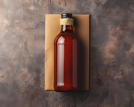 Brown Glass Bottle with Cork on Brown Paper and Rustic Background Minimalist Still Life Photography of Vintage Container Ideal for Beverage Branding, Craft Packaging Design, and Decorative Displays AI Generativeの素材