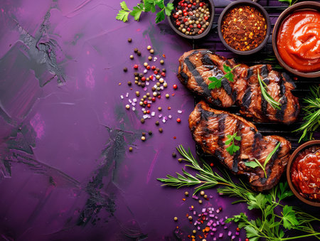 Grilled Meat on Dark Purple Background with Varied Sauces and Herbs for a Delicious Barbecue or Gourmet Culinary Presentation AI Generativeの素材