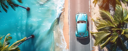 Aerial View of Classic Blue Car Driving Along Tropical Coastal Road Surrounded by Majestic Palm Trees and Pristine Turquoise Ocean on a Sunny Day AI Generativeの素材