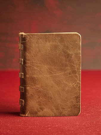 Vintage Leather bound Journal on Red Background Classic and Rustic Notebook Ideal for Writing, Sketching, and Journaling Timeless Keepsake for Personal Thoughts and Imagination AI Generativeの素材
