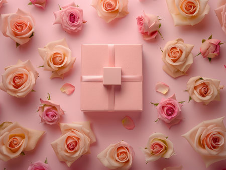 Elegant Pink Gift Box Surrounded by Beautiful Pink and Peach Roses on a Soft Pastel Background Perfect for Celebrations, Birthdays, Anniversaries, and Romantic Occasions AI Generativeの素材