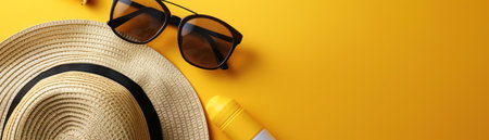 Summer Essentials Flat Lay Straw Hat, Sunglasses, and Sunscreen on Bright Yellow Background AI Generativeの素材
