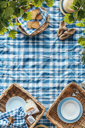 Summer Blue Gingham Picnic Flat Lay With Wicker Baskets, Plates, Bread, And Rustic Decor On Blue And White Checkered Tablecloth, Surrounded By Green Leaves In Natural Outdoor Setting AI Generativeの素材