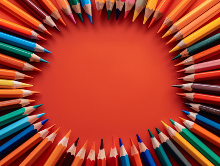 Colorful Circle of Pencils on Red Background with Copy Space Art Supplies, Stationery, Creative Design, Office Supplies, Back to School Concept, School Supplies, Artistic Background, Vivid Colors AI Generativeの素材