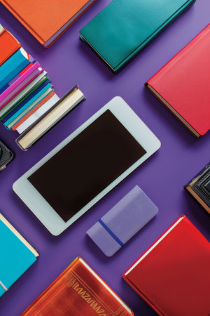 Flat Lay of Stationery Items on a Colorful Background with Modern Gadgets and Notebooks Arranged Neatly for Office or School Supplies Showcasing Organization and Creativity AI Generativeの素材